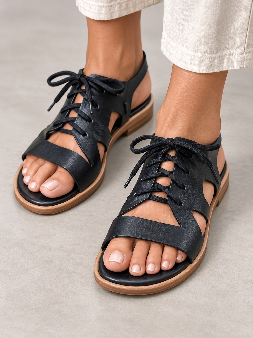 CHIE MIHARA Black Spanish Leather Lace Up Caged Ankle Strap Flat Sandals EU 37